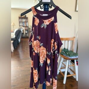 Chic Soul “Sweet Darlin” Floral Cold Shoulder Top in Deep Wine Purple